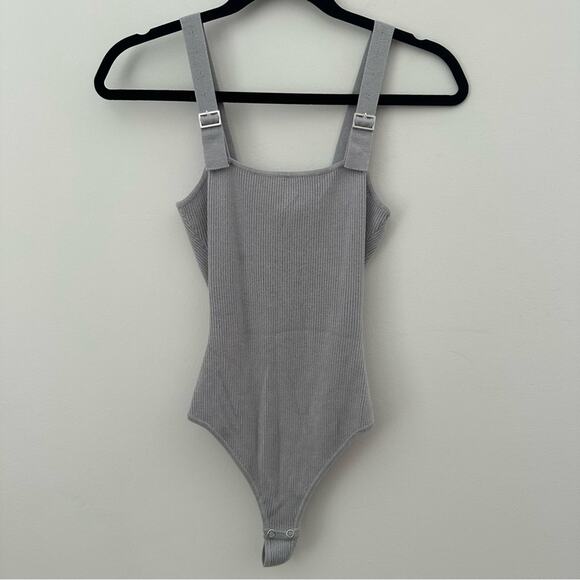 NAKD Tops - NAKD Gray Sleeveless Ribbed Bodysuit with Square Neckline Adjustable Straps XS